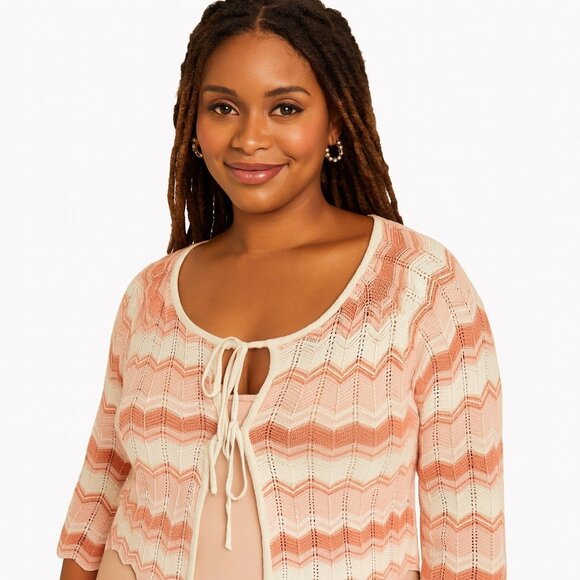 Celebrity Pink Peach & Cream Chevron Knit Tie-Front Cardigan Sweater XXL - Picture 5 of 6